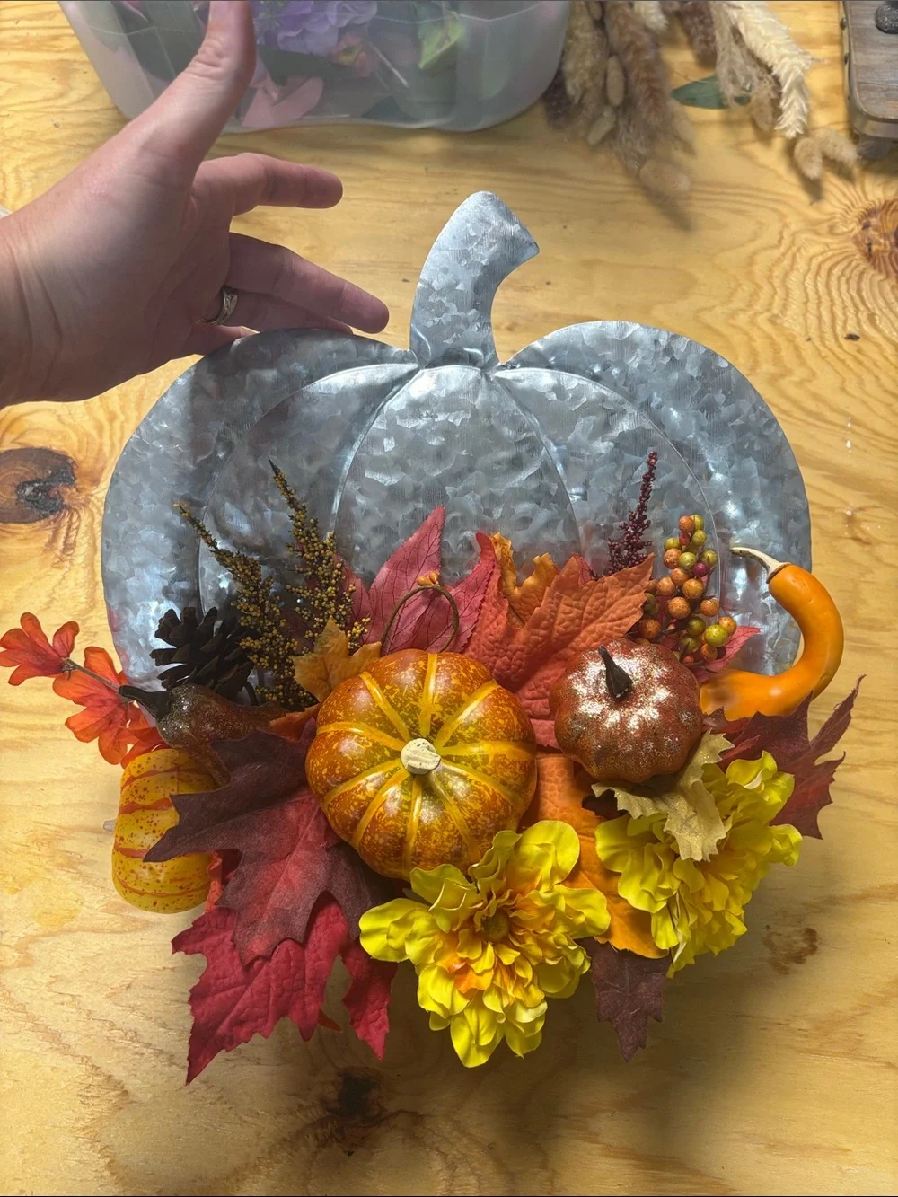 okie dokie Galvanized Pumpkin Wreath with Orange, Yellow, Red and Brown Accents